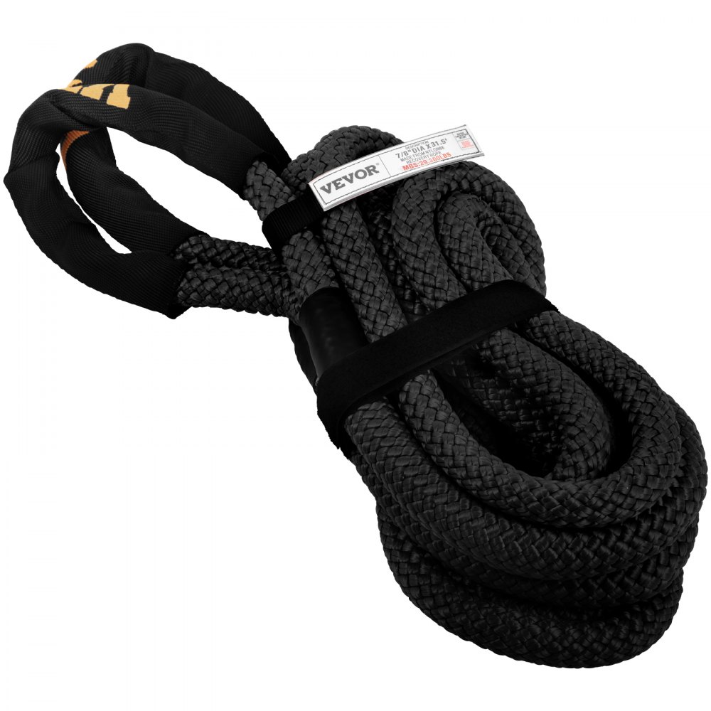 VEVOR 7/8" x 31.5' Kinetic Recovery Rope, 29,300 lbs, Heavy Duty Nylon Double Braided Kinetic Energy Rope with Loops and Protective Sleeves, for Truck Off-Road, Carry Bag Included, Black