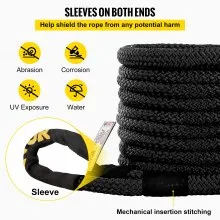 VEVOR 7/8" x 31.5' Kinetic Recovery Rope, 29,300 lbs, Heavy Duty Nylon Double Braided Kinetic Energy Rope with Loops and Protective Sleeves, for Truck Off-Road, Carry Bag Included, Black