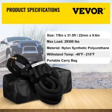 VEVOR 7/8\" x 31.5\' Kinetic Recovery Rope, 29,300 lbs, Heavy Duty Nylon Double Braided Kinetic Energy Rope with Loops and Protective Sleeves, for Truck Off-Road, Carry Bag Included, Black