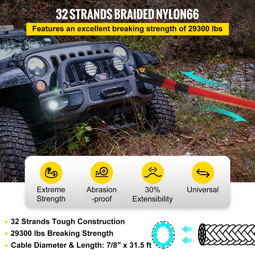 VEVOR 7/8" x 31.5' Kinetic Recovery Rope, 29,300 lbs, Heavy Duty Nylon Double Braided Kinetic Energy Rope w/ Loops and Protective Sleeves, for Truck Off-Road Vehicle ATV UTV, Carry Bag Included, Red