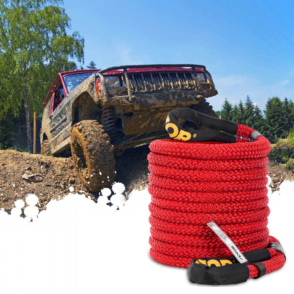 VEVOR 7/8" x 31.5' Kinetic Recovery Rope, 29,300 lbs, Heavy Duty Nylon Double Braided Kinetic Energy Rope w/ Loops and Protective Sleeves, for Truck Off-Road Vehicle ATV UTV, Carry Bag Included, Red