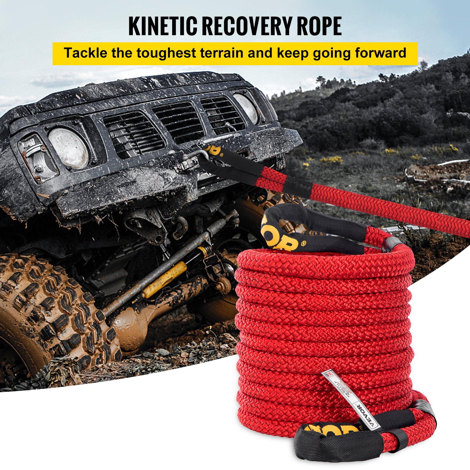 VEVOR 7/8" x 31.5' Kinetic Recovery Rope, 29,300 lbs, Heavy Duty Nylon Double Braided Kinetic Energy Rope w/ Loops and Protective Sleeves, for Truck Off-Road Vehicle ATV UTV, Carry Bag Included, Red