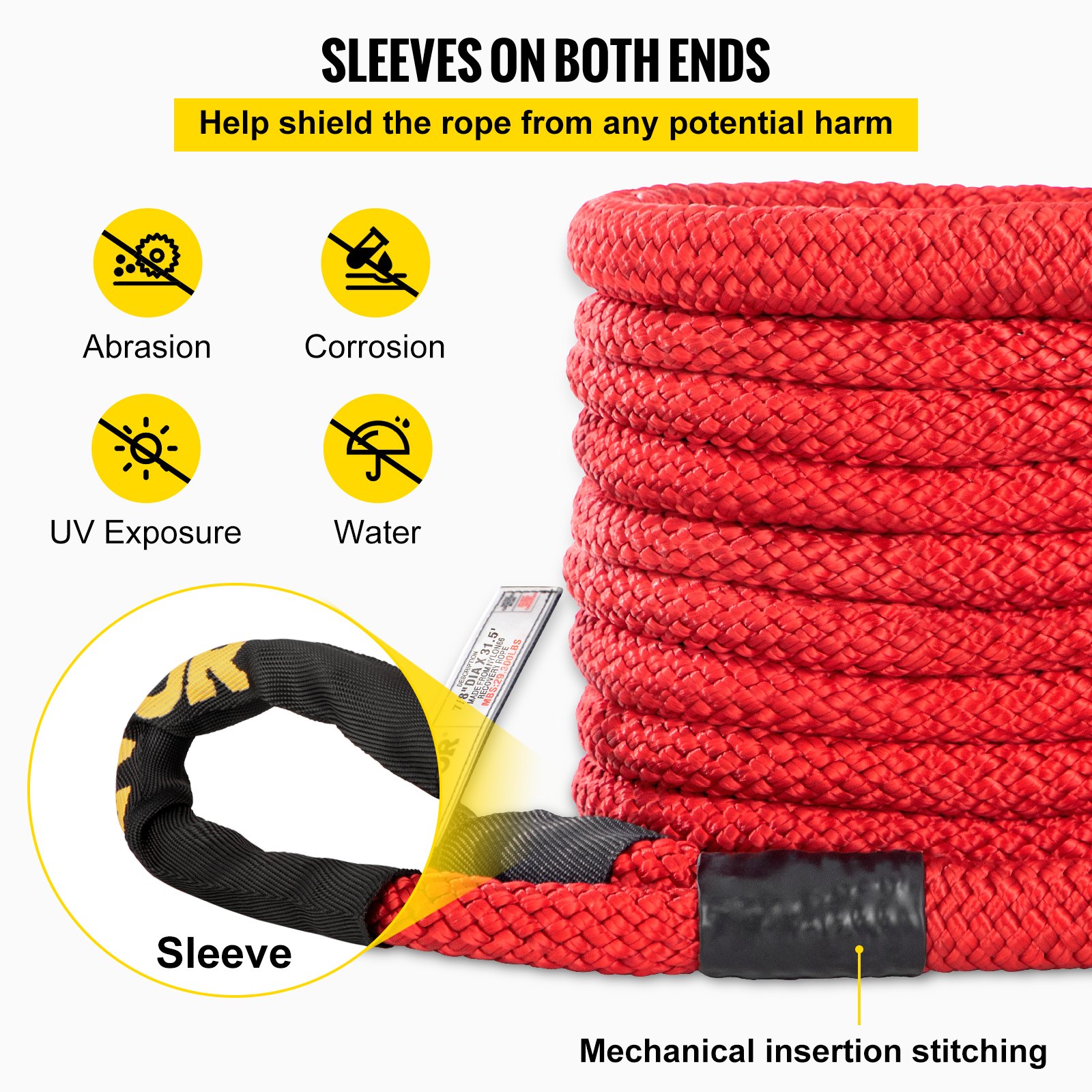 VEVOR 7/8" x 31.5' Kinetic Recovery Rope, 29,300 lbs, Heavy Duty Nylon Double Braided Kinetic Energy Rope w/ Loops and Protective Sleeves, for Truck Off-Road Vehicle ATV UTV, Carry Bag Included, Red