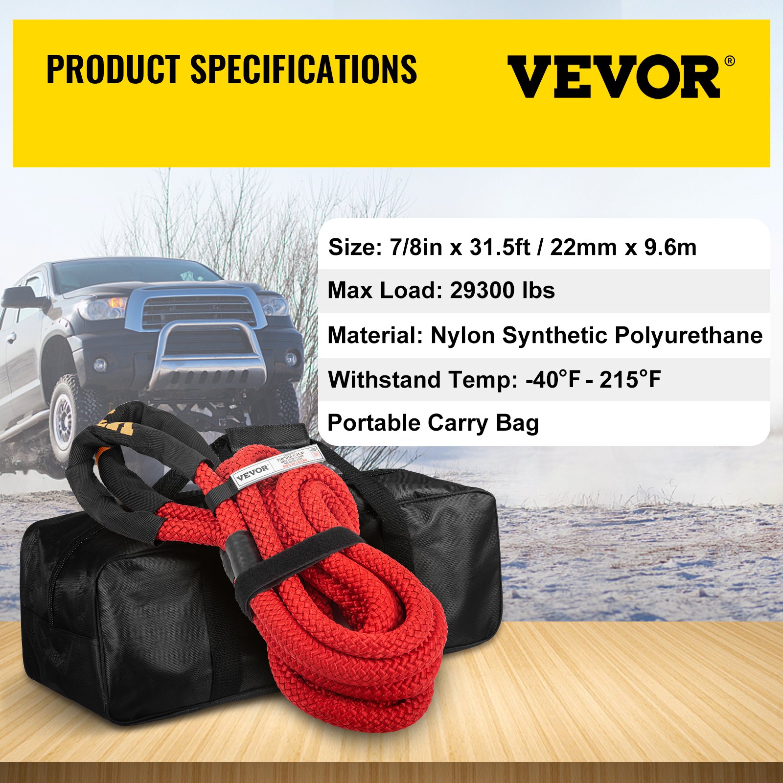 VEVOR 7/8" x 31.5' Kinetic Recovery Rope, 29,300 lbs, Heavy Duty Nylon Double Braided Kinetic Energy Rope w/ Loops and Protective Sleeves, for Truck Off-Road Vehicle ATV UTV, Carry Bag Included, Red