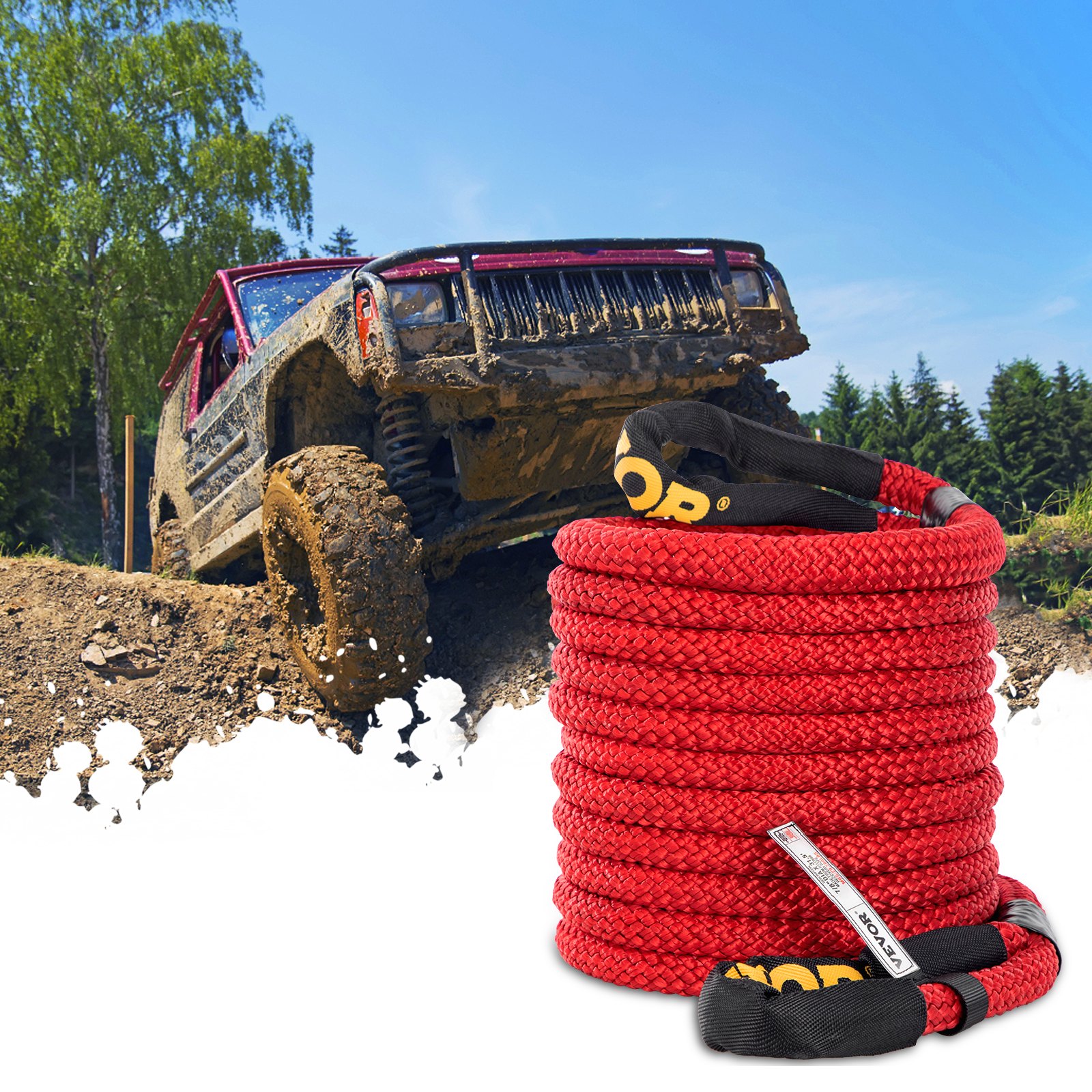 VEVOR 7/8" x 31.5' Kinetic Recovery Rope, 29,300 lbs, Heavy Duty Nylon Double Braided Kinetic Energy Rope w/ Loops and Protective Sleeves, for Truck Off-Road Vehicle ATV UTV, Carry Bag Included, Red