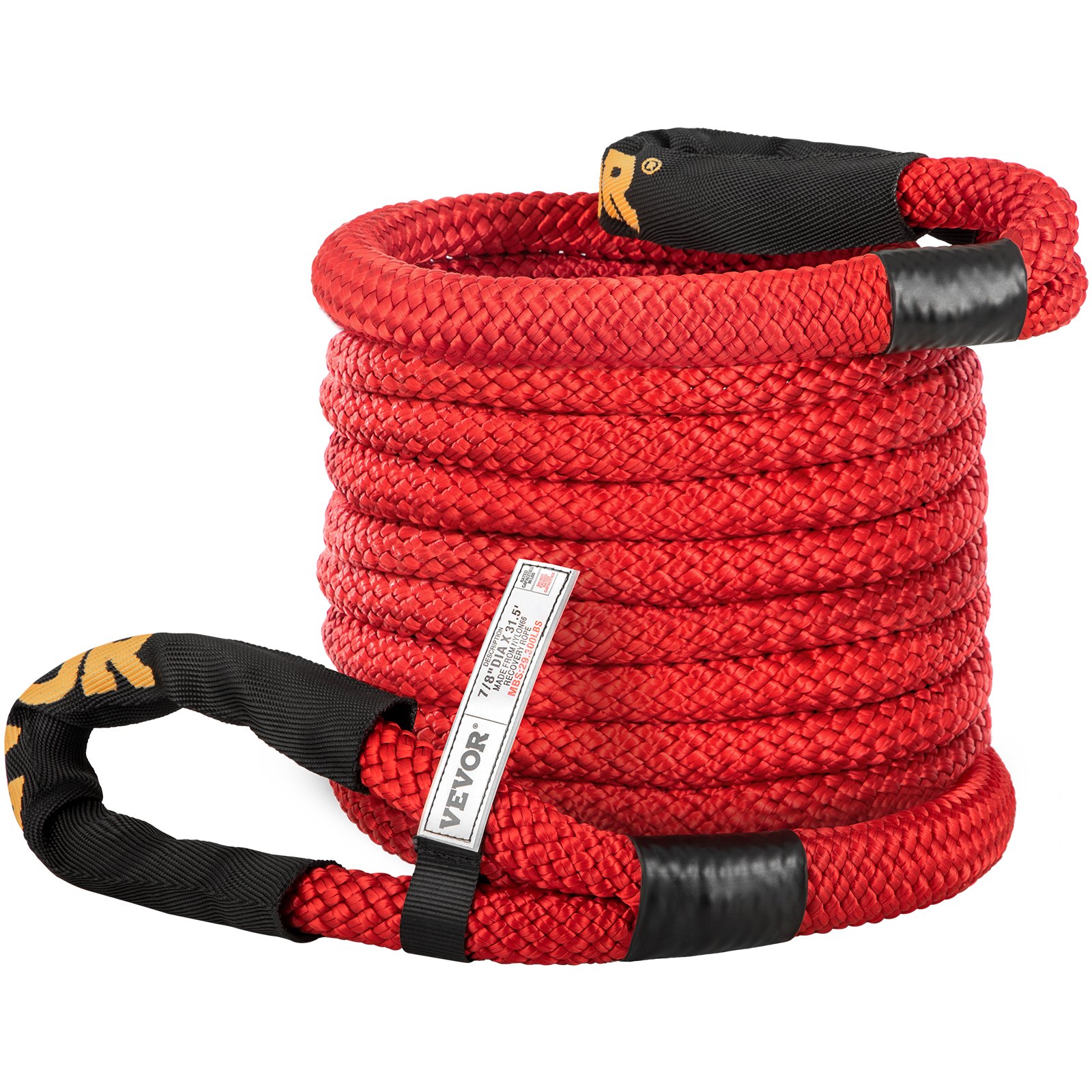 VEVOR 7/8" x 31.5' Kinetic Recovery Rope, 29,300 lbs, Heavy Duty Nylon Double Braided Kinetic Energy Rope w/ Loops and Protective Sleeves, for Truck Off-Road Vehicle ATV UTV, Carry Bag Included, Red