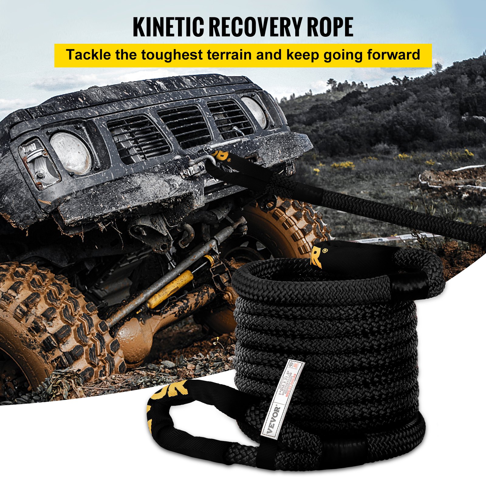 VEVOR 1" x 31.5' Kinetic Recovery Tow Rope, 33,500 lbs, Heavy Duty Double Braided Kinetic Energy Rope with Loops and Protective Sleeves, for Truck Off-Road Vehicle ATV UTV, Carry Bag Included, Black