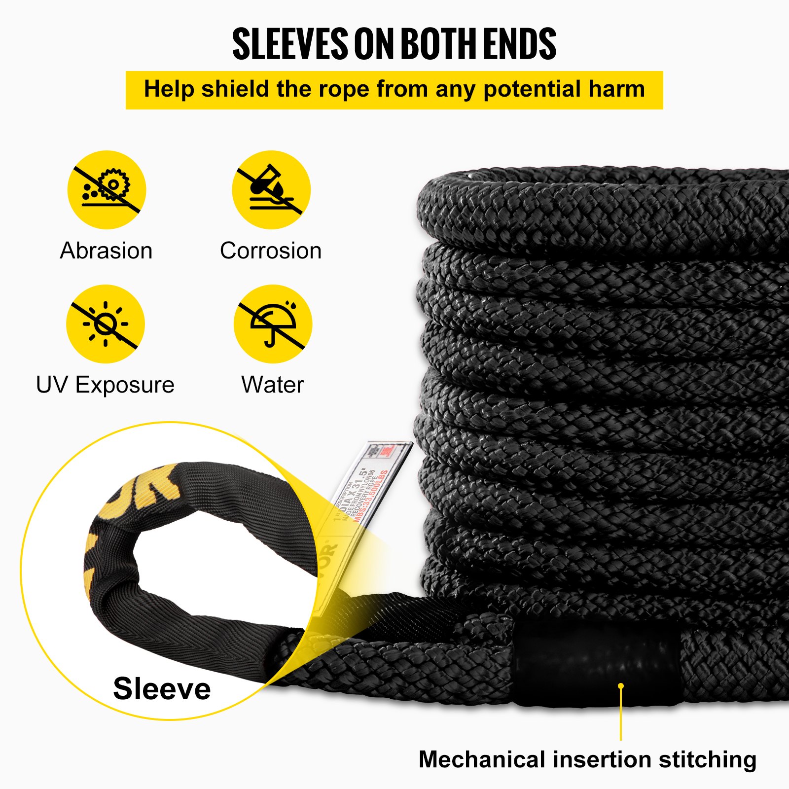 VEVOR 1" x 31.5' Kinetic Recovery Tow Rope, 33,500 lbs, Heavy Duty Double Braided Kinetic Energy Rope with Loops and Protective Sleeves, for Truck Off-Road Vehicle ATV UTV, Carry Bag Included, Black