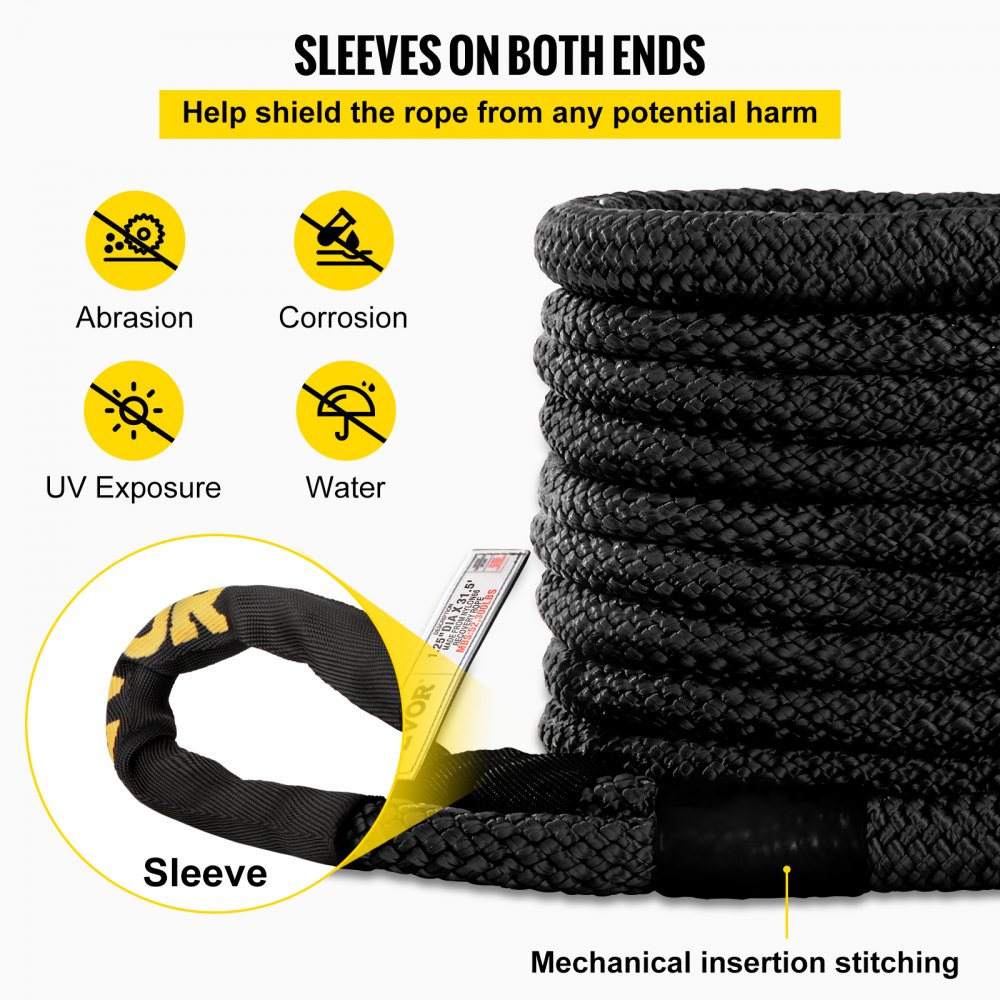 VEVOR 32 mm x 9.6 m Kinetic Recovery & Tow Rope, 23,723 kg, Heavy Duty Nylon Double Braided Kinetic Energy Rope, for Truck Off-Road Vehicle ATV UTV, Carry Bag Included, Black