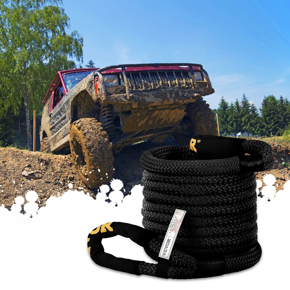 VEVOR 32 mm x 9.6 m Kinetic Recovery & Tow Rope, 23,723 kg, Heavy Duty Nylon Double Braided Kinetic Energy Rope, for Truck Off-Road Vehicle ATV UTV, Carry Bag Included, Black