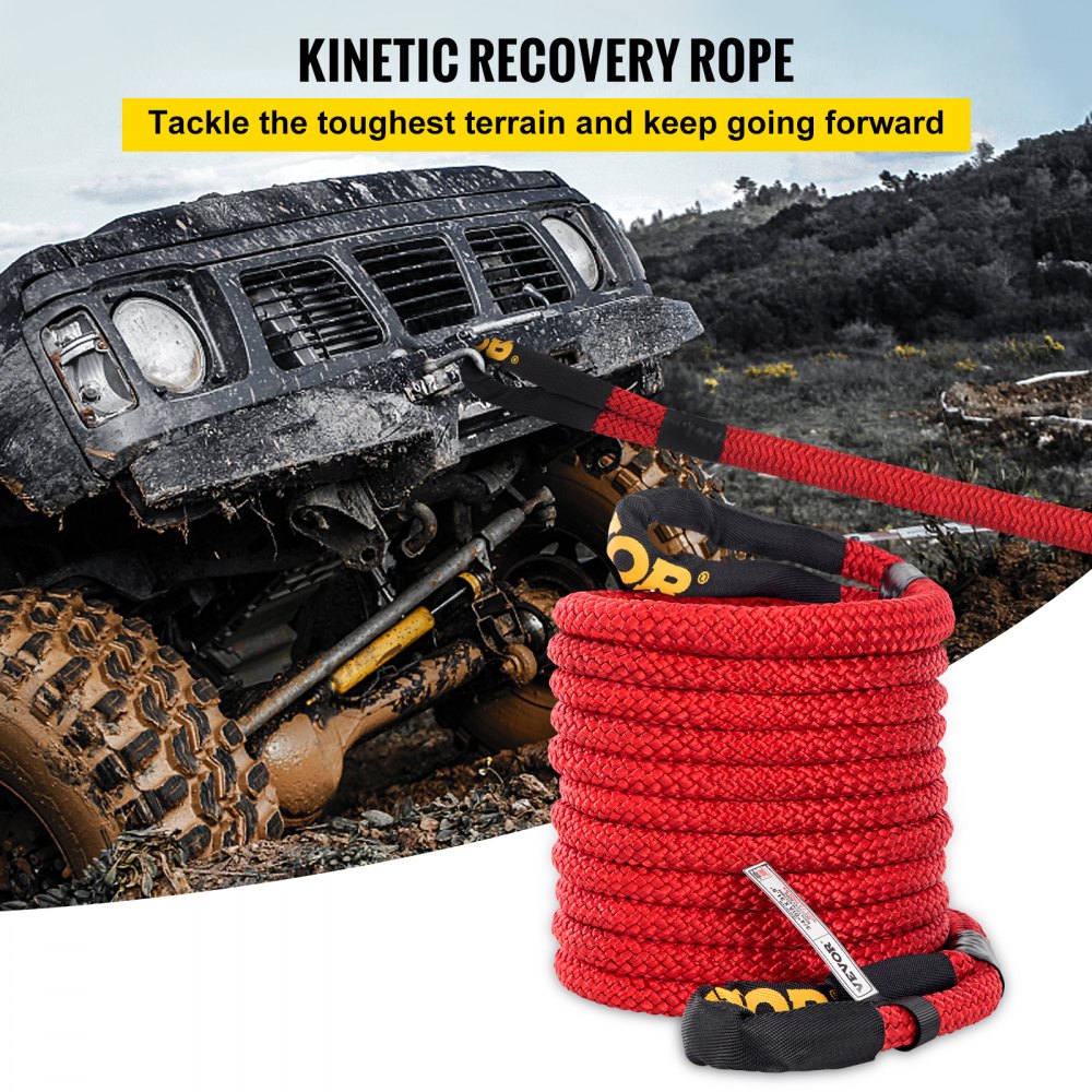 VEVOR 3/4 x 31.5' Kinetic Recovery Tow Rope 19,200 lbs Heavy Duty Double Braided Kinetic Energy Rope w/ Loops and Protective Sleeves for Truck
