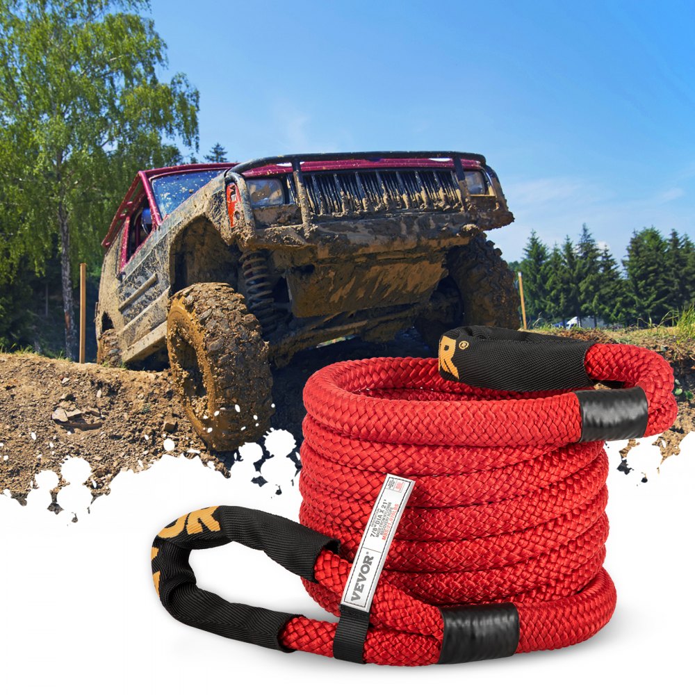 VEVOR 7/8" x 21' Kinetic Recovery Rope, 21,970 lbs, Heavy Duty Nylon Double Braided Kinetic Energy Rope with Loops and Protective Sleeves, for Truck Off-Road Vehicle ATV UTV, Carry Bag Included, Red