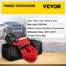 VEVOR 7/8" x 21' Kinetic Recovery Rope, 21,970 lbs, Heavy Duty Nylon Double Braided Kinetic Energy Rope with Loops and Protective Sleeves, for Truck Off-Road Vehicle ATV UTV, Carry Bag Included, Red