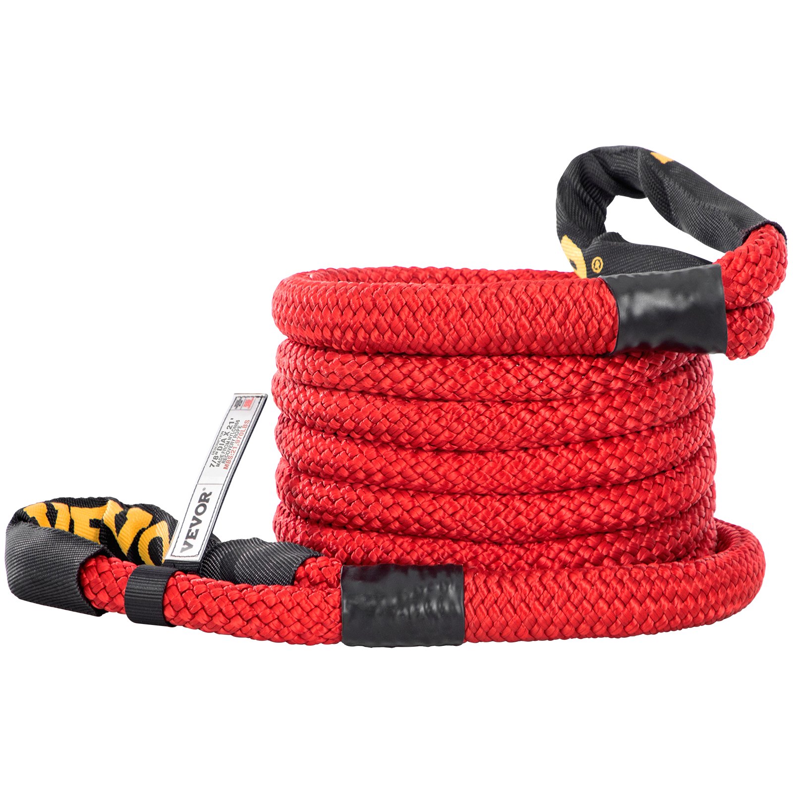VEVOR 7/8" x 21' Kinetic Recovery Rope, 21,970 lbs, Heavy Duty Nylon Double Braided Kinetic Energy Rope with Loops and Protective Sleeves, for Truck Off-Road Vehicle ATV UTV, Carry Bag Included, Red