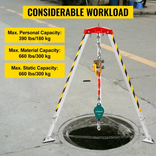 VEVOR Confined Space Tripod 1800lbs Winch and 8' Legs Confined Space Rescue Kit 98' Cable Rescue Tripod with 32.8' Fall Protection for Confined Space Rescue