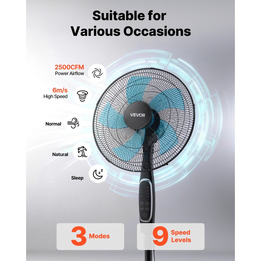 VEVOR 18-Inch Pedestal Fan, 2700 CFM Standing Floor Fan with Remote Control, 9 Speeds & 3 Modes, Oscillating Adjustable Height, Quiet DC Motor 5-Blade for Home, Bedroom, Garage, Workshop, Black