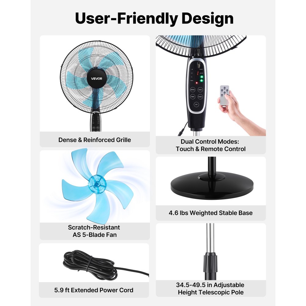VEVOR 18-Inch Pedestal Fan, 2700 CFM Standing Floor Fan with Remote Control, 9 Speeds & 3 Modes, Oscillating Adjustable Height, Quiet DC Motor 5-Blade for Home, Bedroom, Garage, Workshop, Black