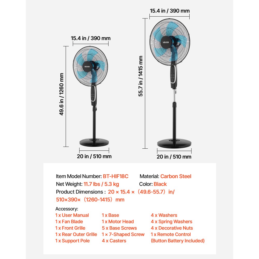 VEVOR 18-Inch Pedestal Fan, 2700 CFM Standing Floor Fan with Remote Control, 9 Speeds & 3 Modes, Oscillating Adjustable Height, Quiet DC Motor 5-Blade for Home, Bedroom, Garage, Workshop, Black