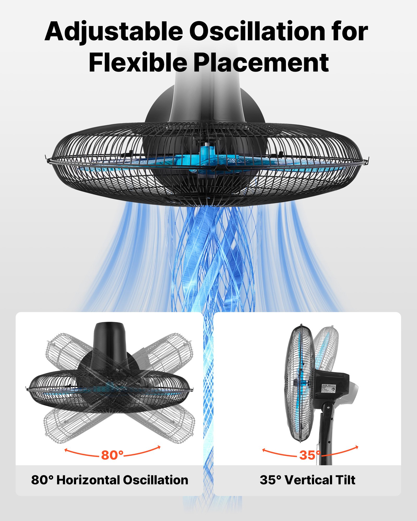VEVOR 18-Inch Pedestal Fan, 2700 CFM Standing Floor Fan with Remote Control, 9 Speeds & 3 Modes, Oscillating Adjustable Height, Quiet DC Motor 5-Blade for Home, Bedroom, Garage, Workshop, Black