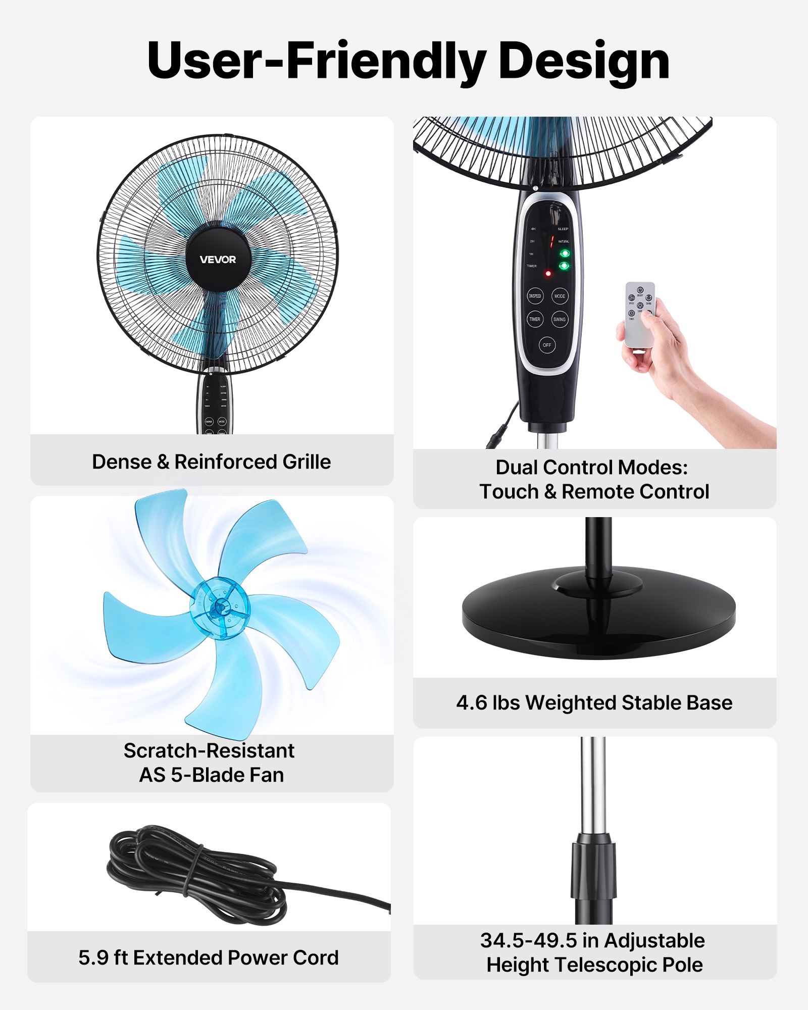 VEVOR 18-Inch Pedestal Fan, 2700 CFM Standing Floor Fan with Remote Control, 9 Speeds & 3 Modes, Oscillating Adjustable Height, Quiet DC Motor 5-Blade for Home, Bedroom, Garage, Workshop, Black