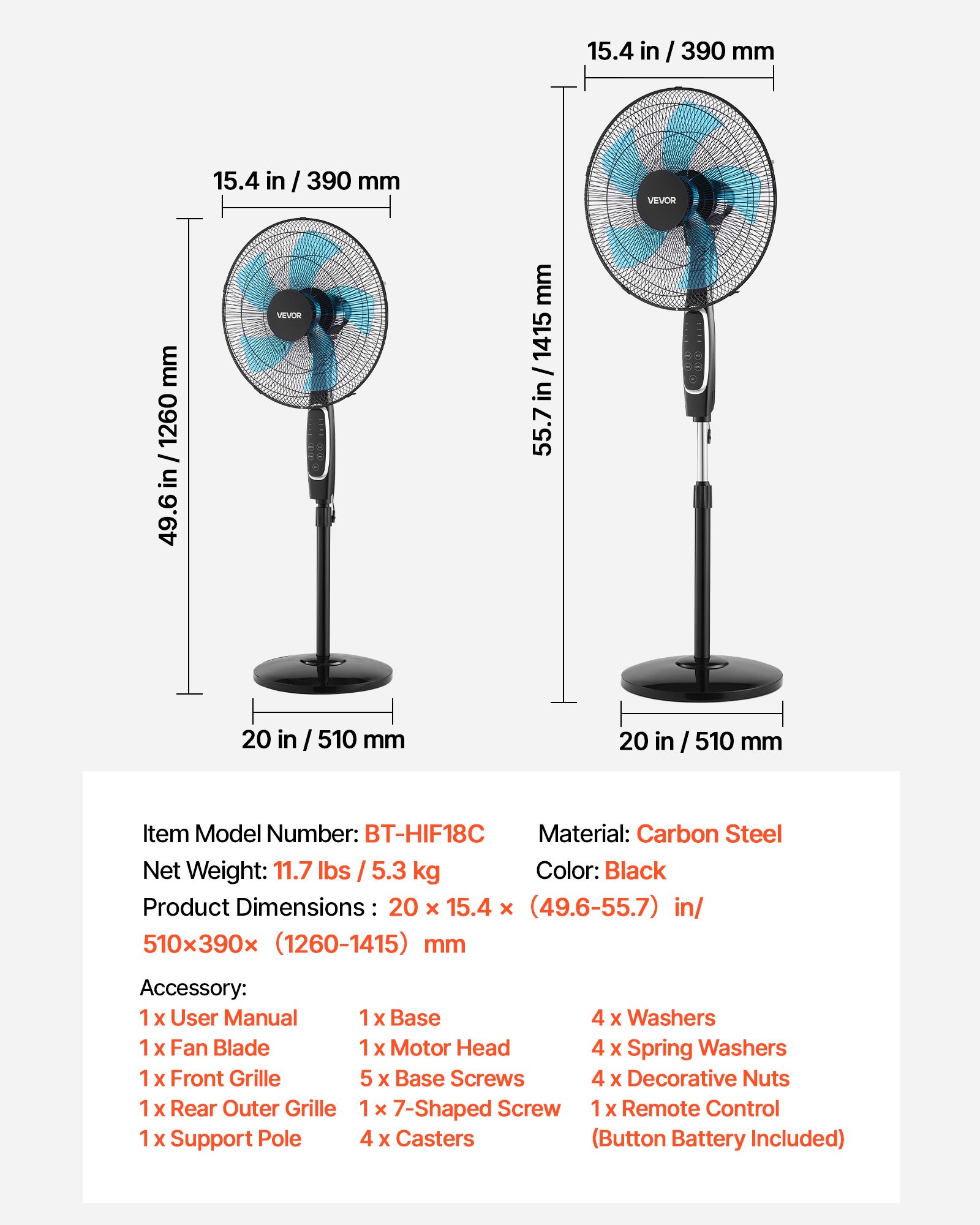 VEVOR 18-Inch Pedestal Fan, 2700 CFM Standing Floor Fan with Remote Control, 9 Speeds & 3 Modes, Oscillating Adjustable Height, Quiet DC Motor 5-Blade for Home, Bedroom, Garage, Workshop, Black