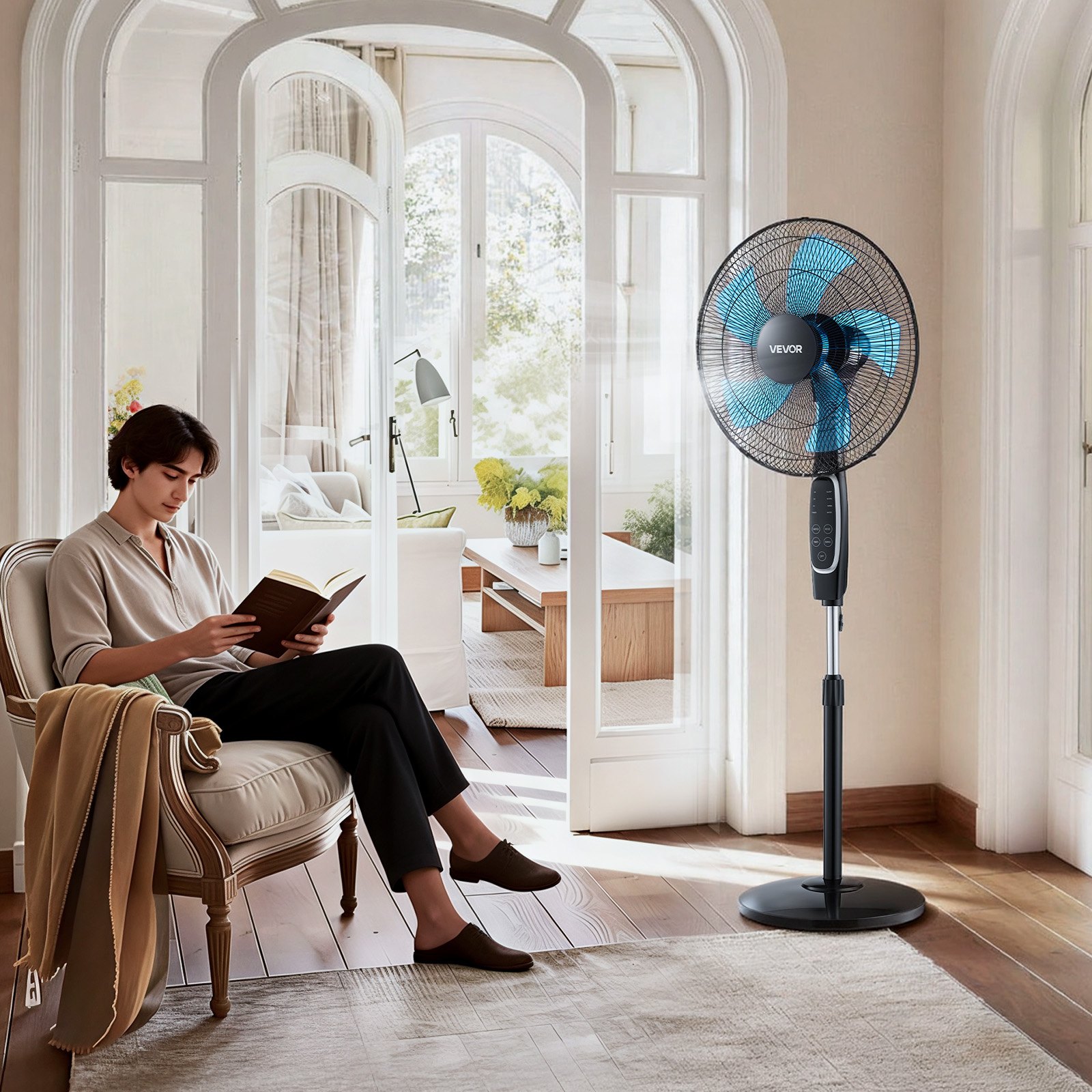 VEVOR 18-Inch Pedestal Fan, 2700 CFM Standing Floor Fan with Remote Control, 9 Speeds & 3 Modes, Oscillating Adjustable Height, Quiet DC Motor 5-Blade for Home, Bedroom, Garage, Workshop, Black