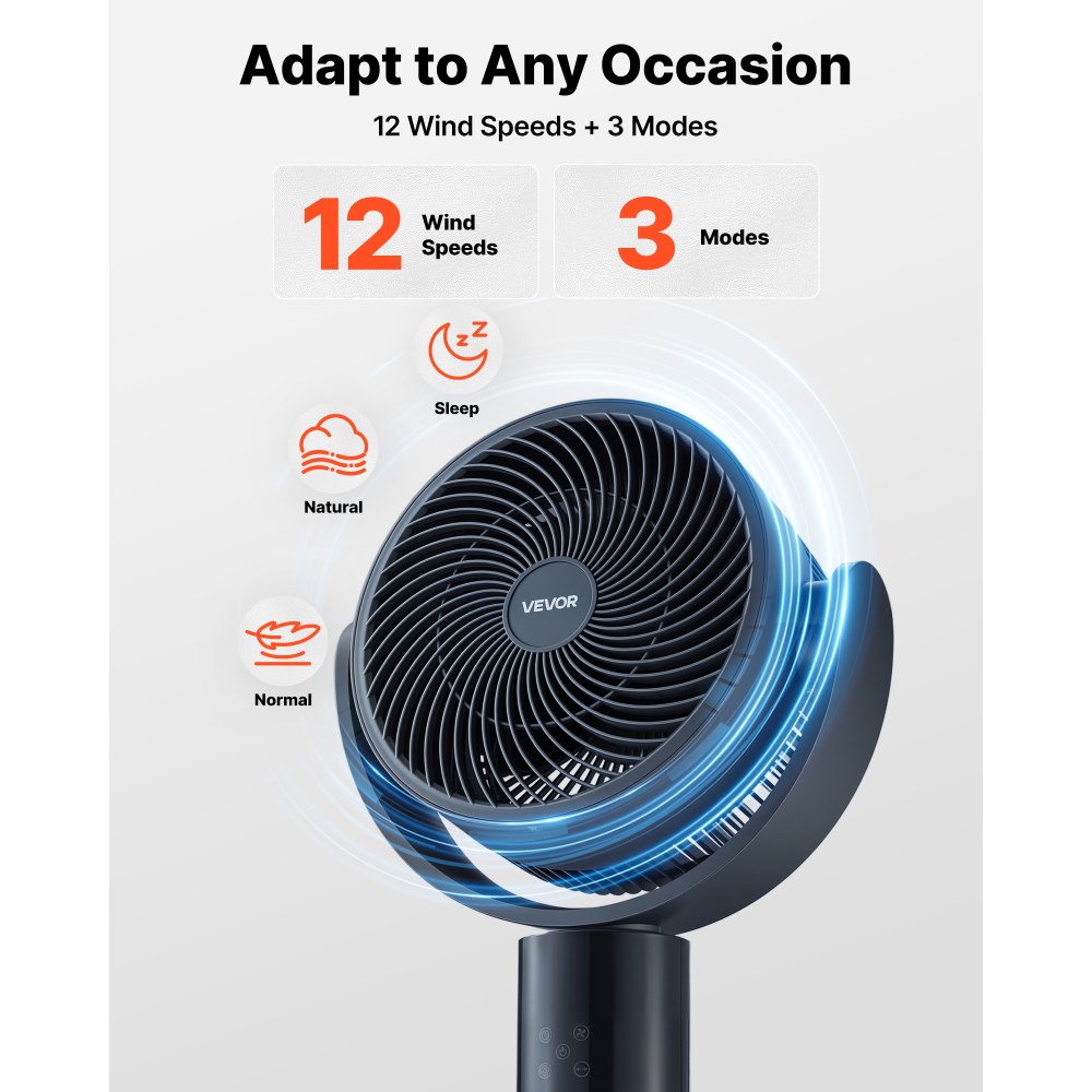 VEVOR 7-Inch Pedestal Fan, Oscillating Standing Floor Fan with DC Motor, Remote Control, 12 Speeds & 3 Modes, 15H Timer, Adjustable Height, Quiet for Home, Bedroom, Living Room, Study Room, Blue Gray