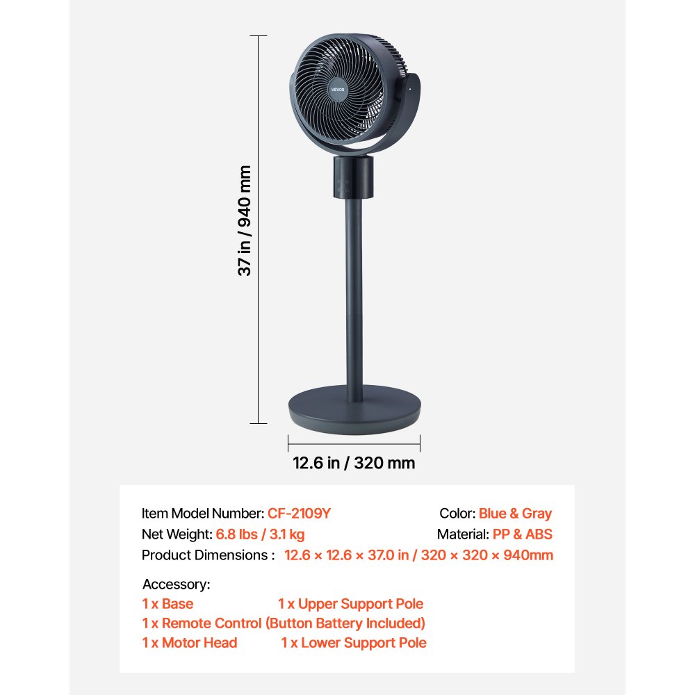 VEVOR 7-Inch Pedestal Fan, Oscillating Standing Floor Fan with DC Motor, Remote Control, 12 Speeds & 3 Modes, 15H Timer, Adjustable Height, Quiet for Home, Bedroom, Living Room, Study Room, Blue Gray