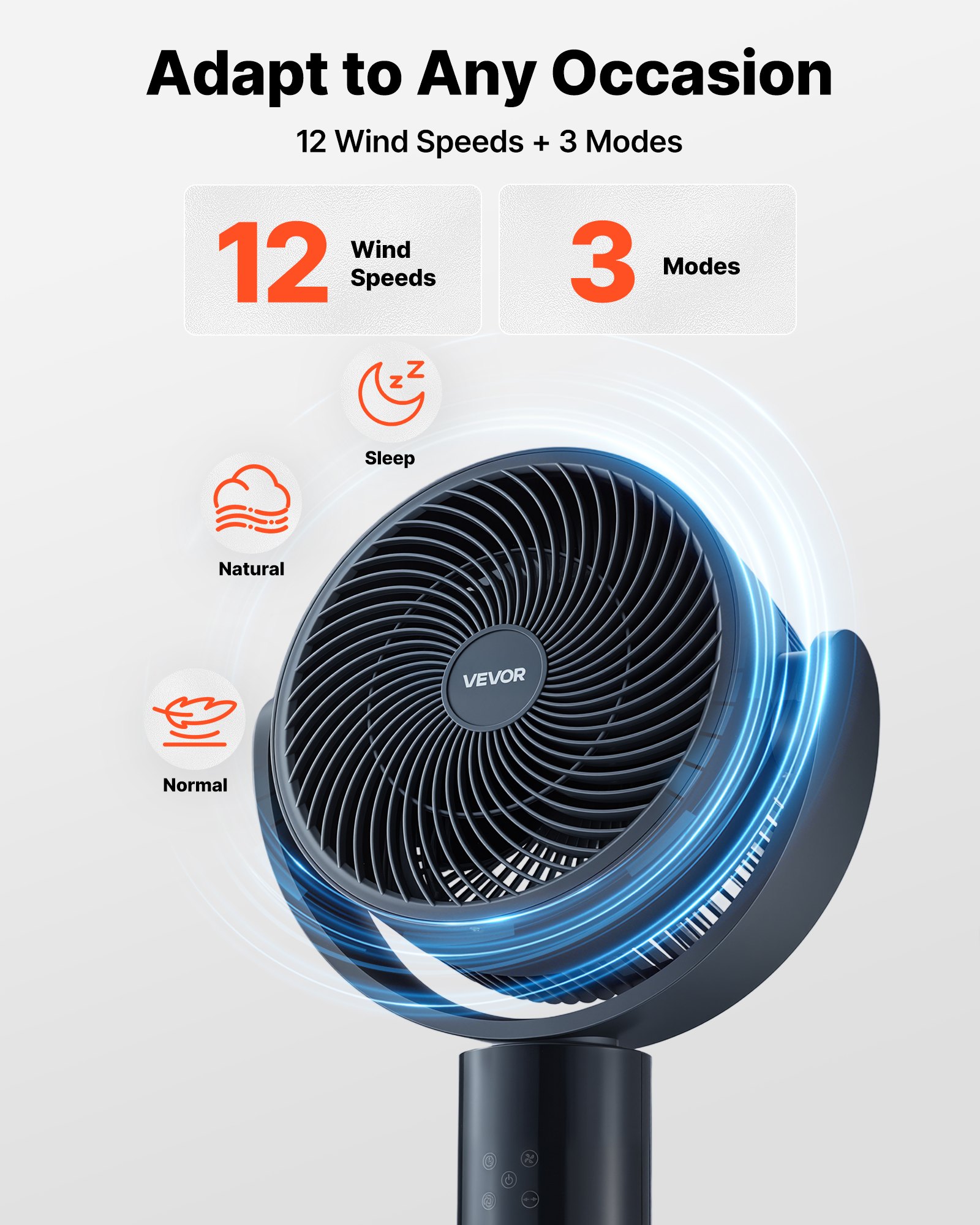 VEVOR 7-Inch Pedestal Fan, Oscillating Standing Floor Fan with DC Motor, Remote Control, 12 Speeds & 3 Modes, 15H Timer, Adjustable Height, Quiet for Home, Bedroom, Living Room, Study Room, Blue Gray