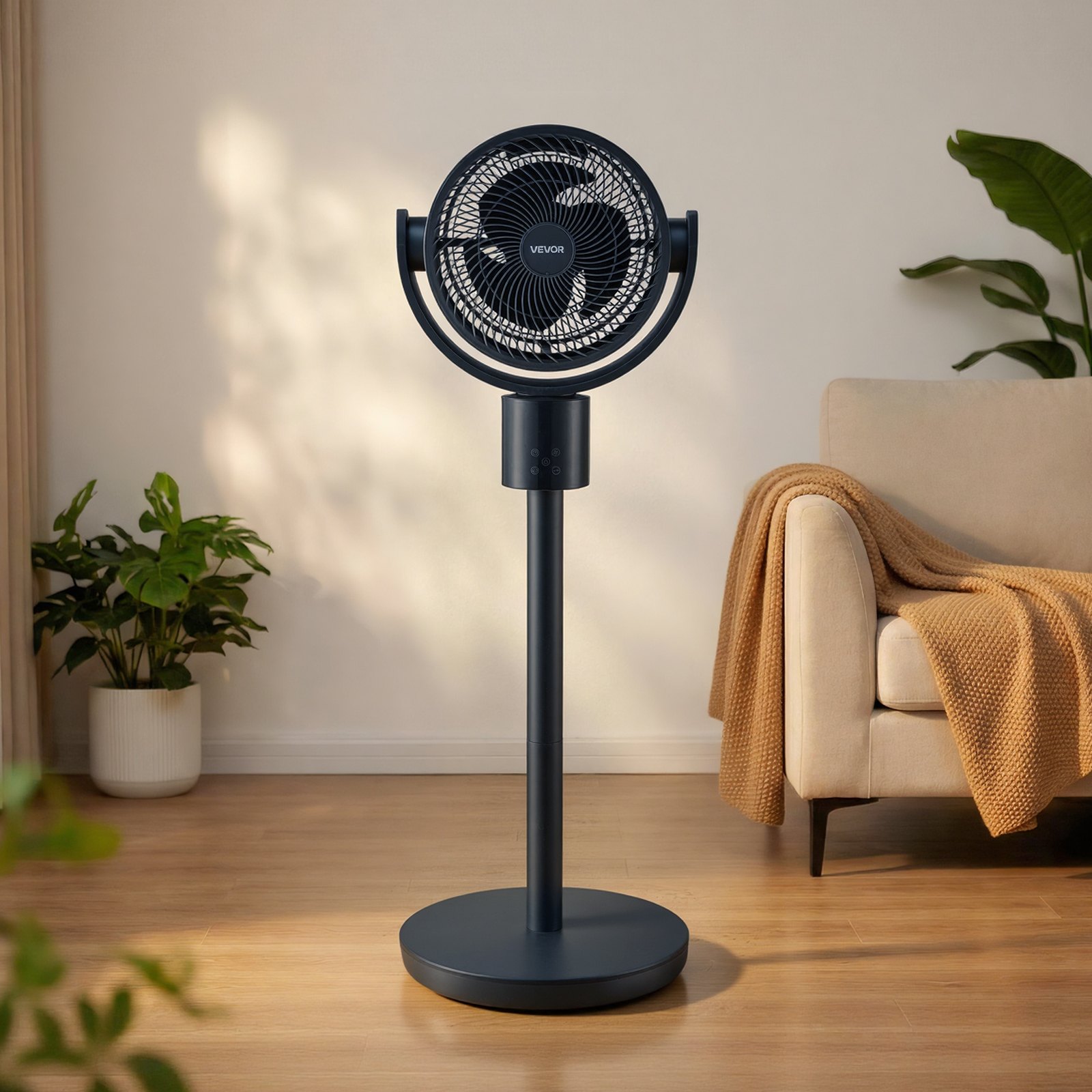 VEVOR 7-Inch Pedestal Fan, Oscillating Standing Floor Fan with DC Motor, Remote Control, 12 Speeds & 3 Modes, 15H Timer, Adjustable Height, Quiet for Home, Bedroom, Living Room, Study Room, Blue Gray