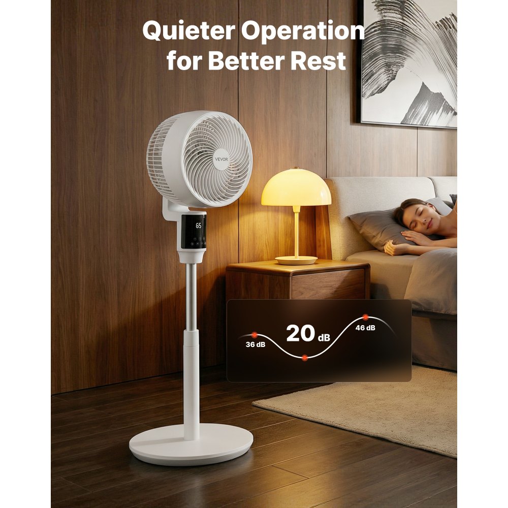 VEVOR 9-Inch Pedestal Fan, 80° Oscillating Standing Floor Fan with Quite DC Motor, Remote Control, 9 Speeds & 4 Smart Modes, 24H Timer, Adjustable Height, for Home, Bedroom, Living Room, White