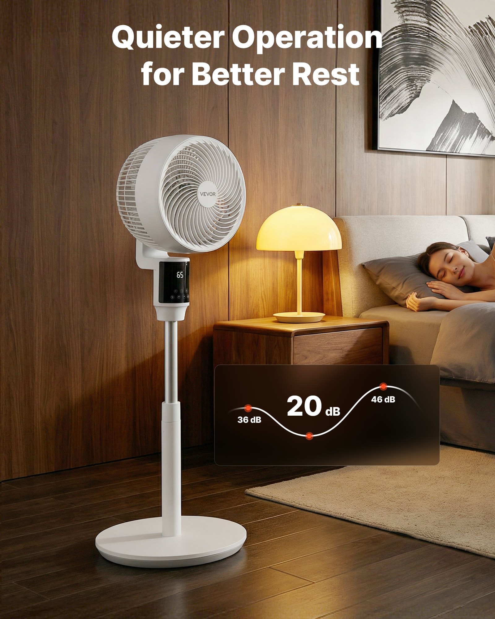 VEVOR 9-Inch Pedestal Fan, 80° Oscillating Standing Floor Fan with Quite DC Motor, Remote Control, 9 Speeds & 4 Smart Modes, 24H Timer, Adjustable Height, for Home, Bedroom, Living Room, White