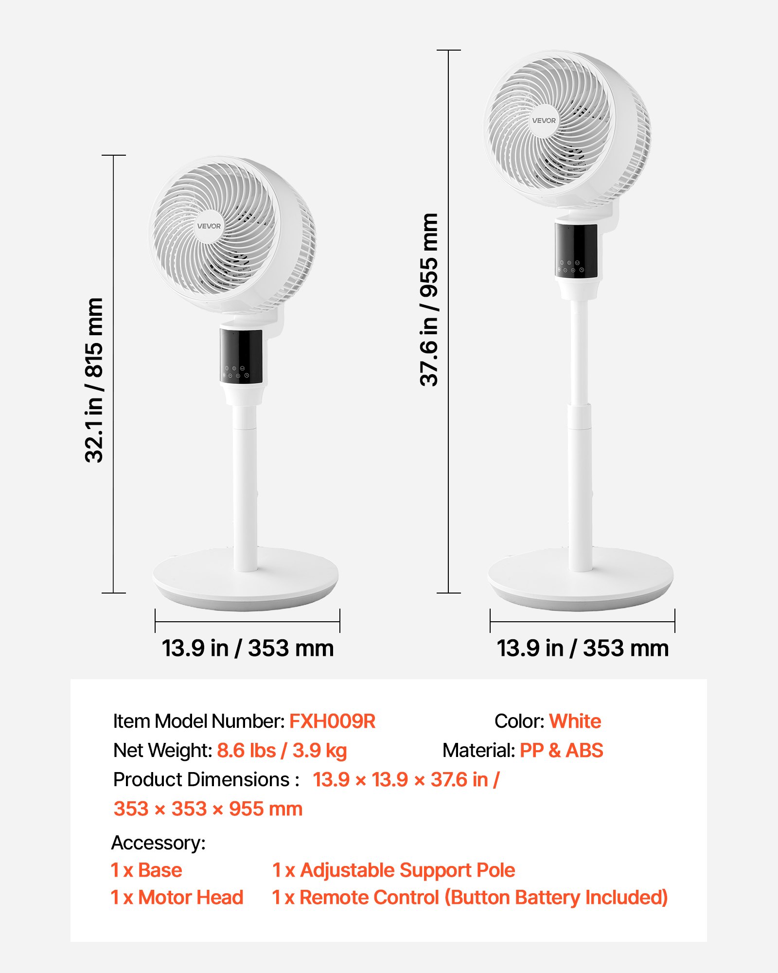 VEVOR 9-Inch Pedestal Fan, 80° Oscillating Standing Floor Fan with Quite DC Motor, Remote Control, 9 Speeds & 4 Smart Modes, 24H Timer, Adjustable Height, for Home, Bedroom, Living Room, White