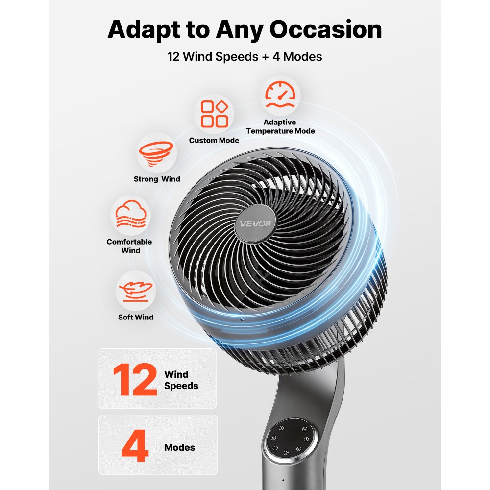 VEVOR 9-Inch Pedestal Fan, 80° Oscillating Standing Floor Fan with Quite DC Motor, Remote Control, 9 Speeds & 4 Smart Modes, 24H Timer, Adjustable Height, for Home, Bedroom, Living Room, Silver Gray