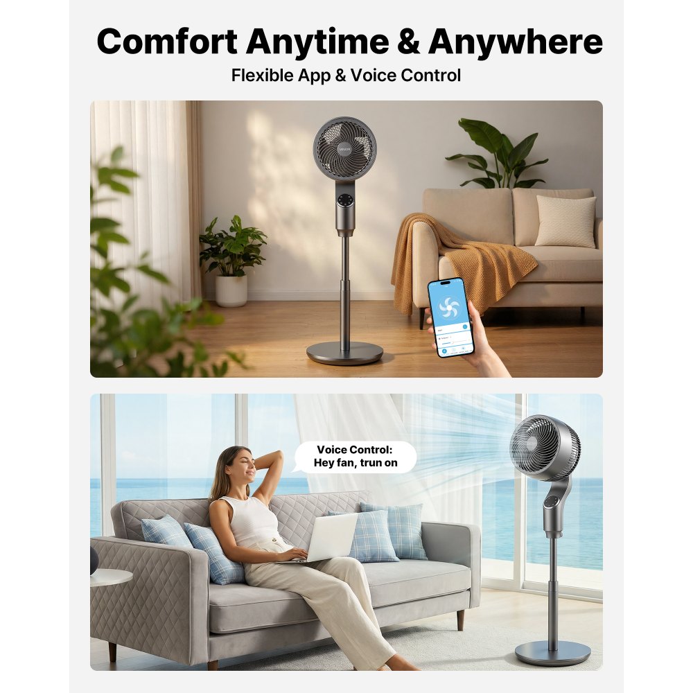 VEVOR 9-Inch Pedestal Fan, 80° Oscillating Standing Floor Fan with Quite DC Motor, Remote Control, 9 Speeds & 4 Smart Modes, 24H Timer, Adjustable Height, for Home, Bedroom, Living Room, Silver Gray