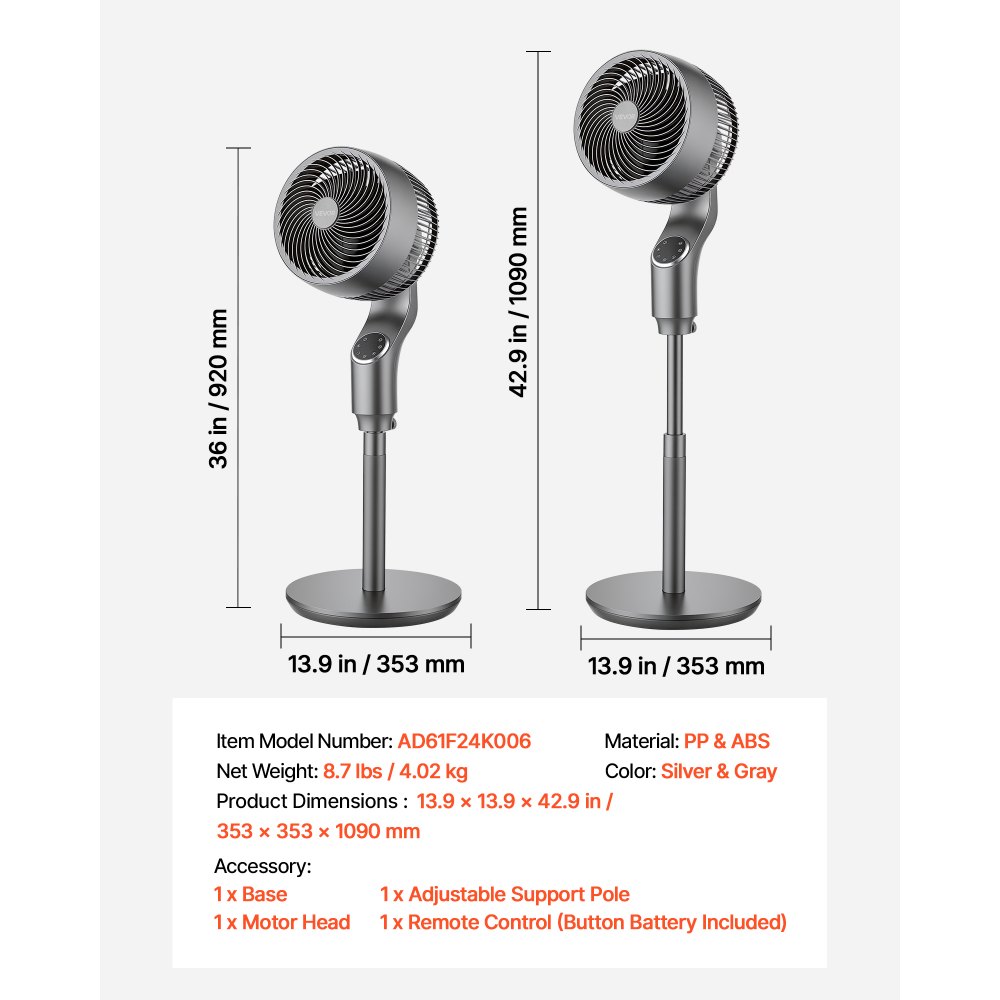 VEVOR 9-Inch Pedestal Fan, 80° Oscillating Standing Floor Fan with Quite DC Motor, Remote Control, 9 Speeds & 4 Smart Modes, 24H Timer, Adjustable Height, for Home, Bedroom, Living Room, Silver Gray