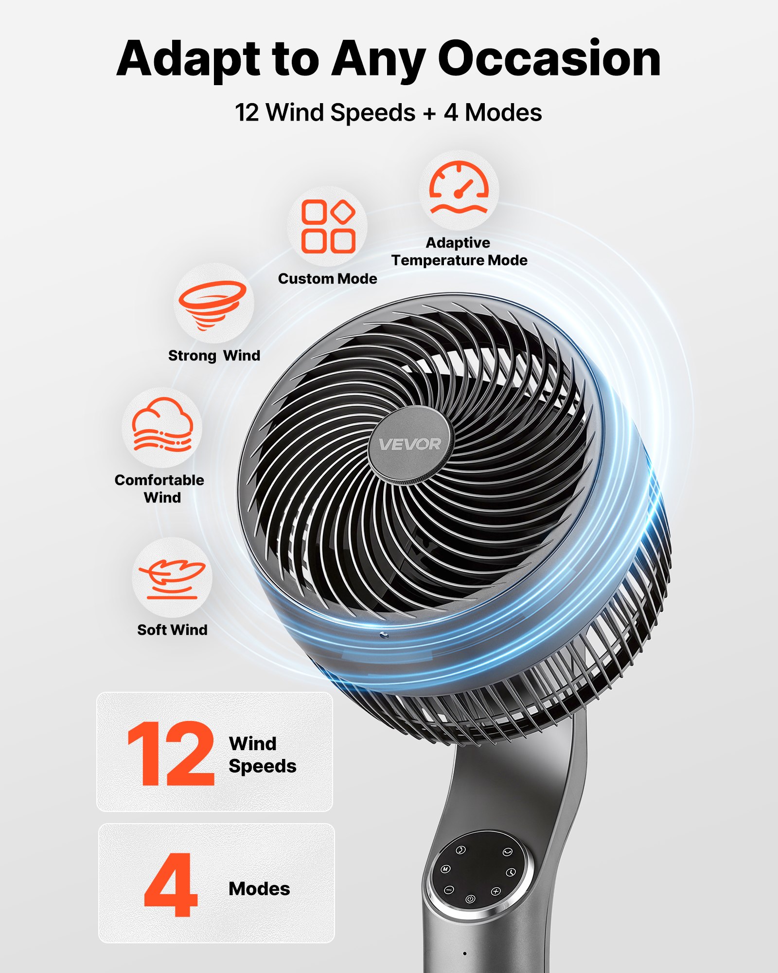 VEVOR 9-Inch Pedestal Fan, 80° Oscillating Standing Floor Fan with Quite DC Motor, Remote Control, 9 Speeds & 4 Smart Modes, 24H Timer, Adjustable Height, for Home, Bedroom, Living Room, Silver Gray