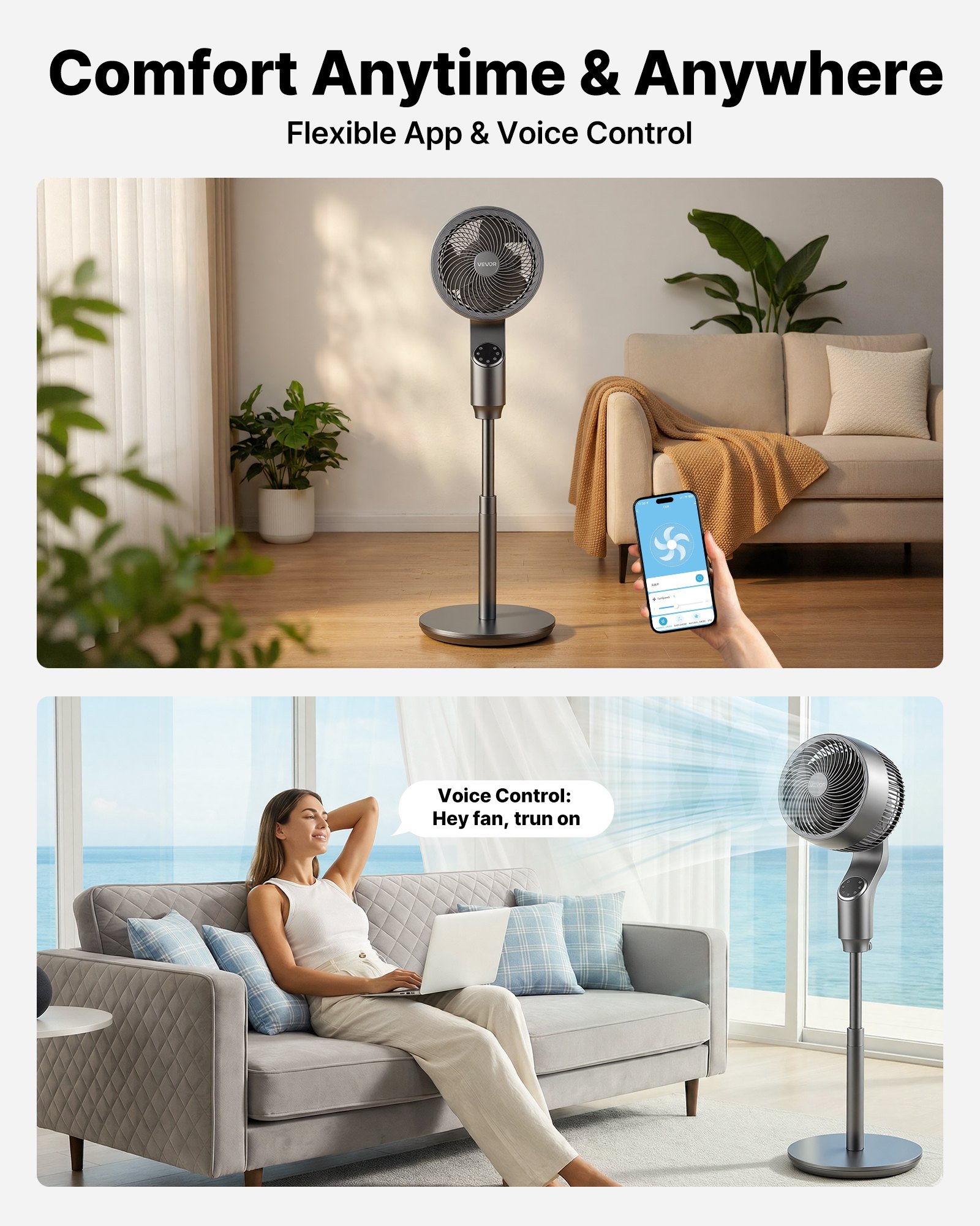 VEVOR 9-Inch Pedestal Fan, 80° Oscillating Standing Floor Fan with Quite DC Motor, Remote Control, 9 Speeds & 4 Smart Modes, 24H Timer, Adjustable Height, for Home, Bedroom, Living Room, Silver Gray