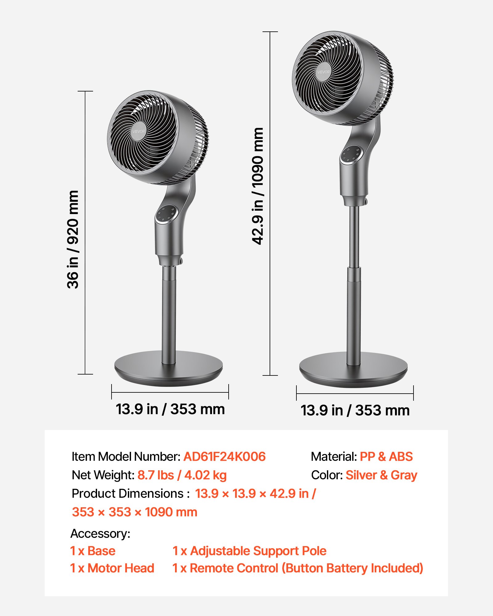 VEVOR 9-Inch Pedestal Fan, 80° Oscillating Standing Floor Fan with Quite DC Motor, Remote Control, 9 Speeds & 4 Smart Modes, 24H Timer, Adjustable Height, for Home, Bedroom, Living Room, Silver Gray