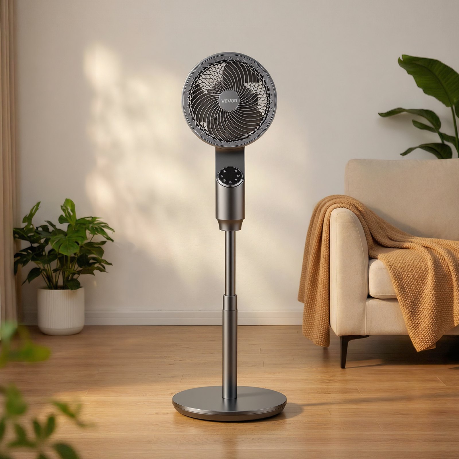 VEVOR 9-Inch Pedestal Fan, 80° Oscillating Standing Floor Fan with Quite DC Motor, Remote Control, 9 Speeds & 4 Smart Modes, 24H Timer, Adjustable Height, for Home, Bedroom, Living Room, Silver Gray
