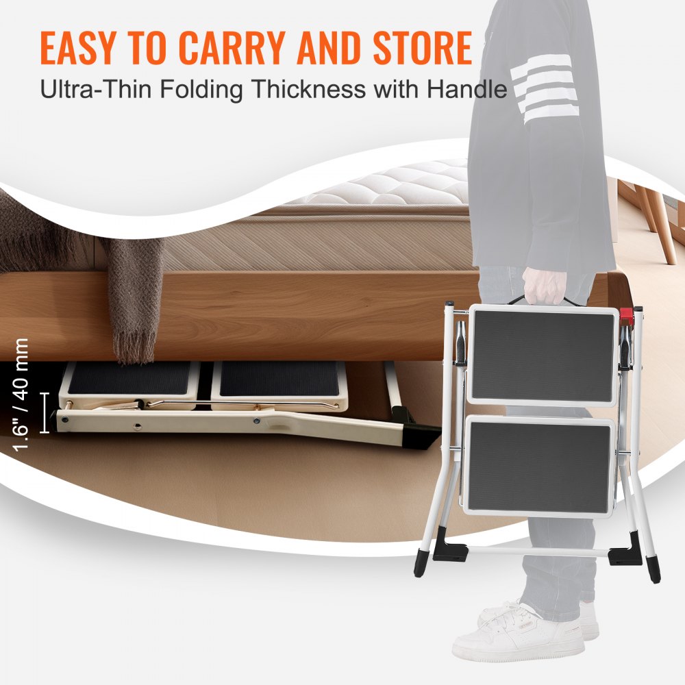 VEVOR Step Ladder 2-Step 150kg Capacity, Ergonomic Folding Steel Step Stool with Wide Anti-Slip Pedal, Sturdy Step Stool for Adults Toddlers, Multi-Use for Household, Kitchen, Office, RVs