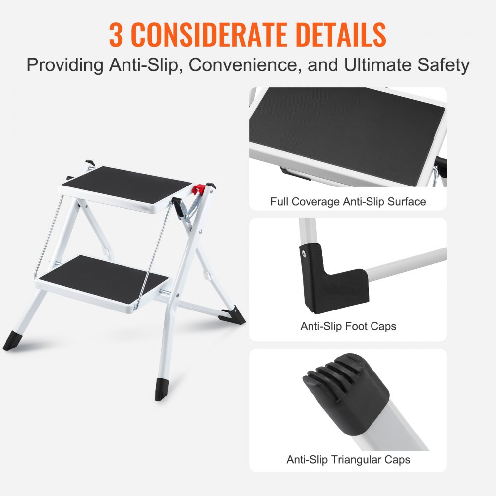 VEVOR Step Ladder 2-Step 150kg Capacity, Ergonomic Folding Steel Step Stool with Wide Anti-Slip Pedal, Sturdy Step Stool for Adults Toddlers, Multi-Use for Household, Kitchen, Office, RVs