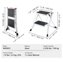 VEVOR Step Ladder 2-Step 150kg Capacity, Ergonomic Folding Steel Step Stool with Wide Anti-Slip Pedal, Sturdy Step Stool for Adults Toddlers, Multi-Use for Household, Kitchen, Office, RVs