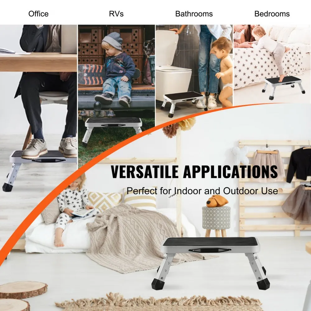 VEVOR Step Stool 1-Step 150KG Capacity, Folding Steel Step Ladder 3 Adjustable Height, Portable Toddler Step Stools for Adults, Non-Slip Sturdy Step Ladders for Office, RVs, Pets, Bathrooms,Bedrooms