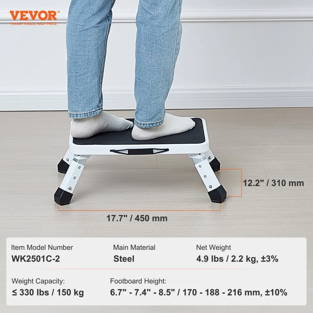 VEVOR Step Stool 1-Step 150KG Capacity, Folding Steel Step Ladder 3 Adjustable Height, Portable Toddler Step Stools for Adults, Non-Slip Sturdy Step Ladders for Office, RVs, Pets, Bathrooms,Bedrooms