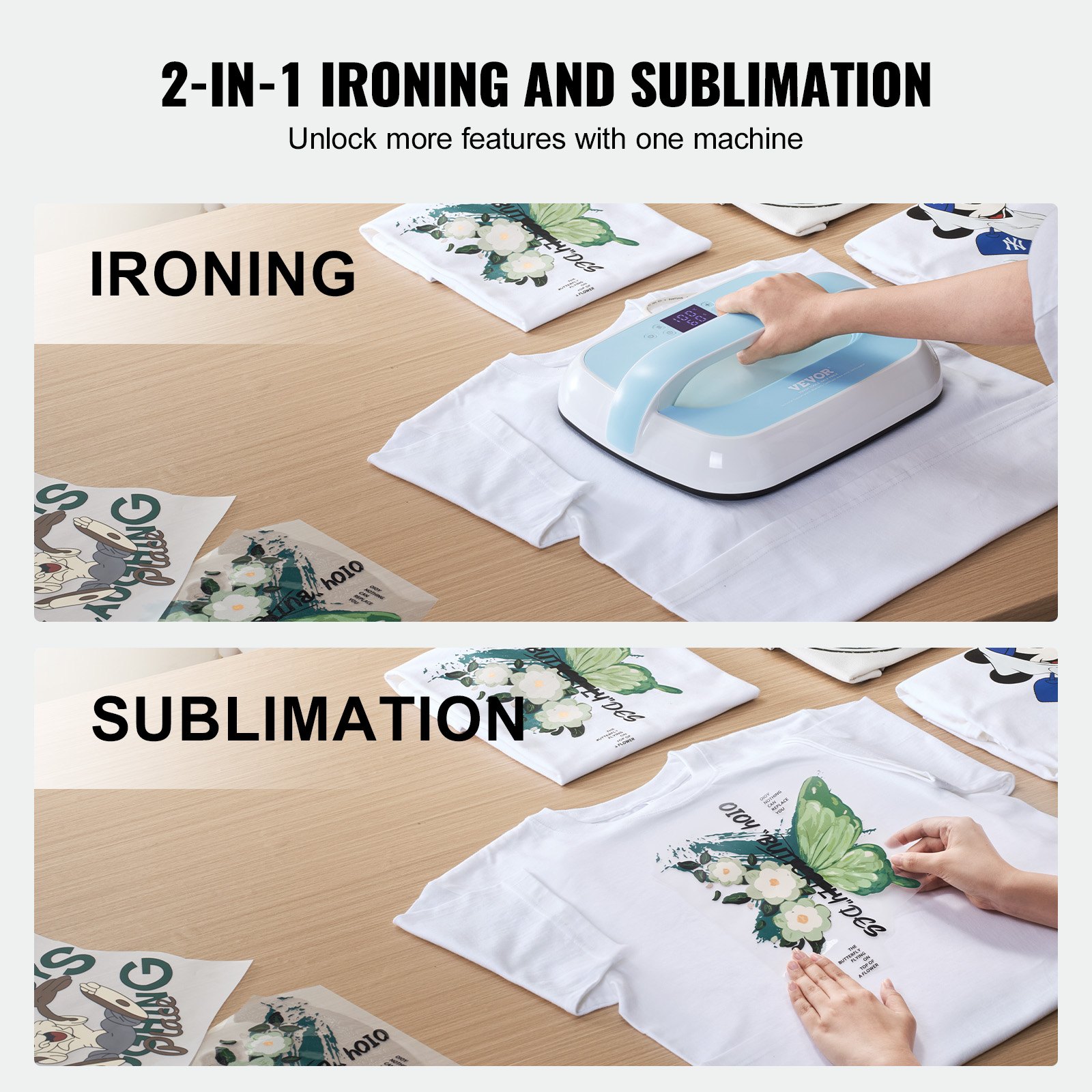 VEVOR Heat Press Machine, 12 x 10 inches Portable Heat Press, Dual-Tube Even Heating, Heat Transfer Machine with Precise Temp Control and Auto-Off, Sublimation Machine for T-shirts/Bags, Blue+White