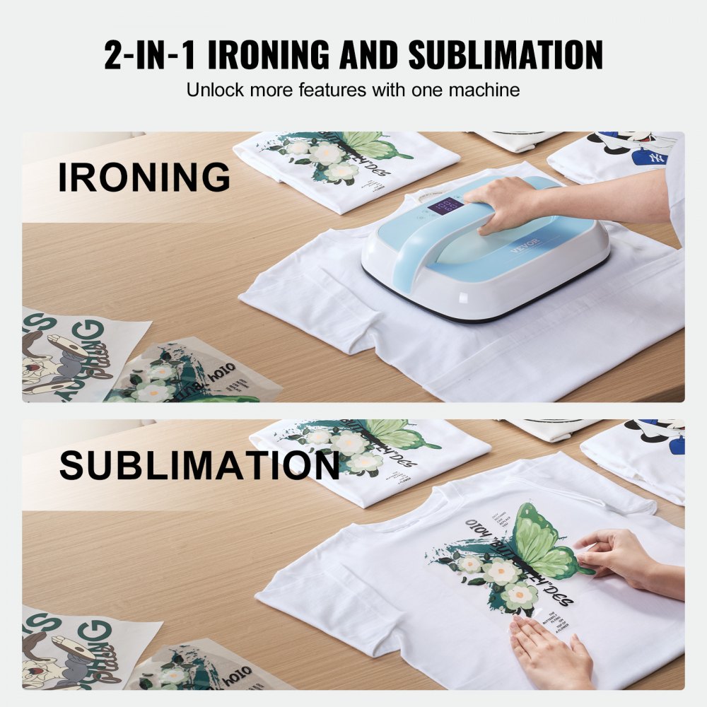 VEVOR Heat Press Machine, 12 x 10 inches Portable Heat Press, Dual-Tube Even Heating, Heat Transfer Machine with Precise Temp Control and Auto-Off, Sublimation Machine for T-shirts/Bags, Blue+White