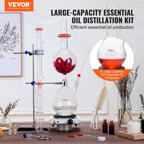 VEVOR Essential Oil Distillation Kit, 2000ml Distillation Apparatus, 3.3  Boro Lab Glassware Distillation Kit with 1000W Heating Plate and 24, 40  Joint, 28 pcs Set | VEVOR US