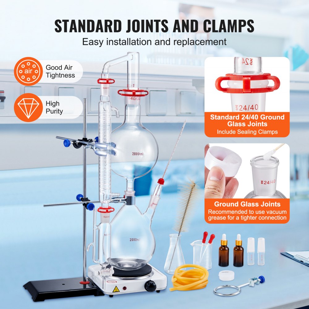 VEVOR Essential Oil Distillation Kit, 2000ml Distillation Apparatus, 3.3 Boro Lab Glassware Distillation Kit with 1500W Heating Plate and 24, 40 Joint, 28 pcs Set