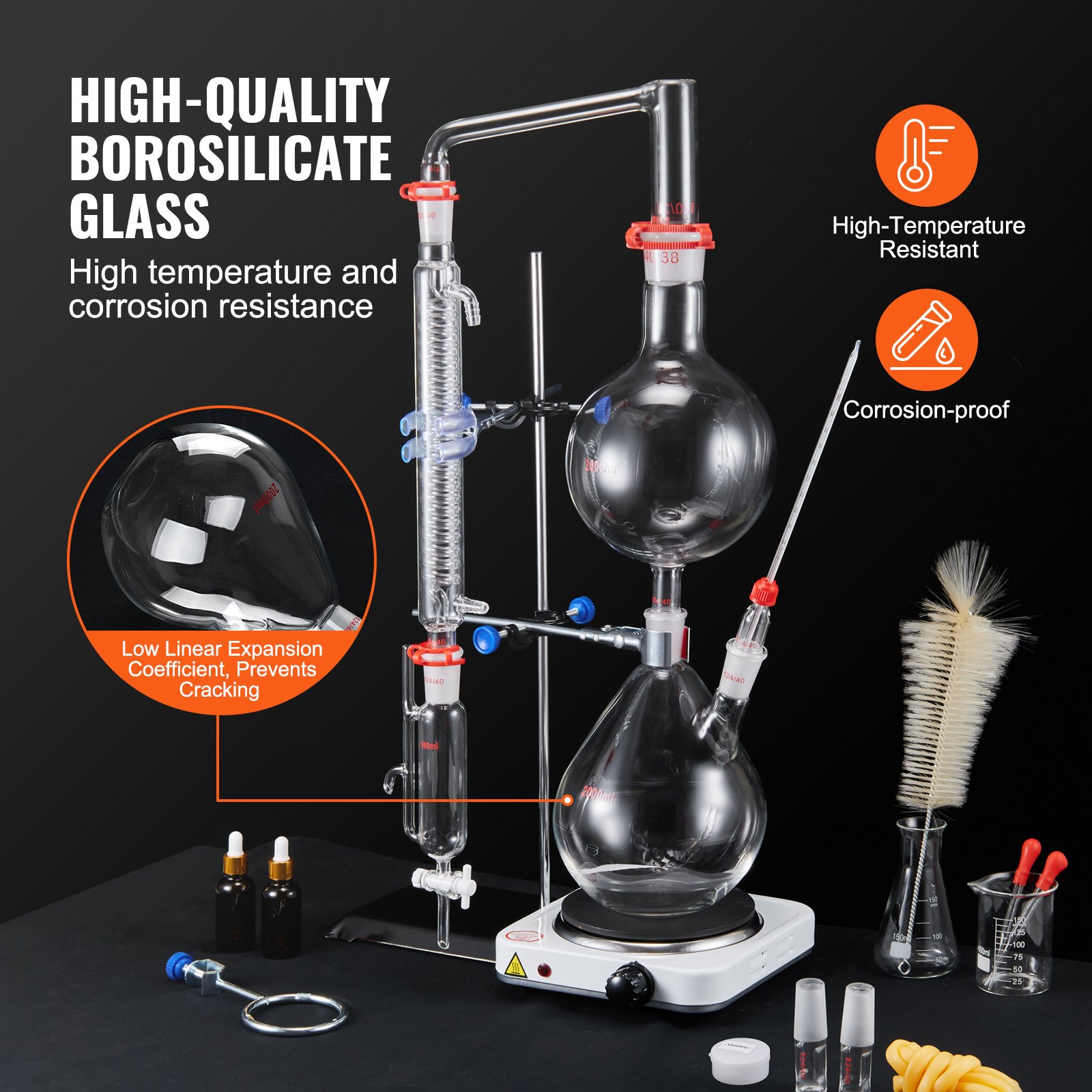 VEVOR Essential Oil Distillation Kit, 2000ml Distillation Apparatus, 3.3 Boro Lab Glassware Distillation Kit with 1500W Heating Plate and 24, 40 Joint, 28 pcs Set